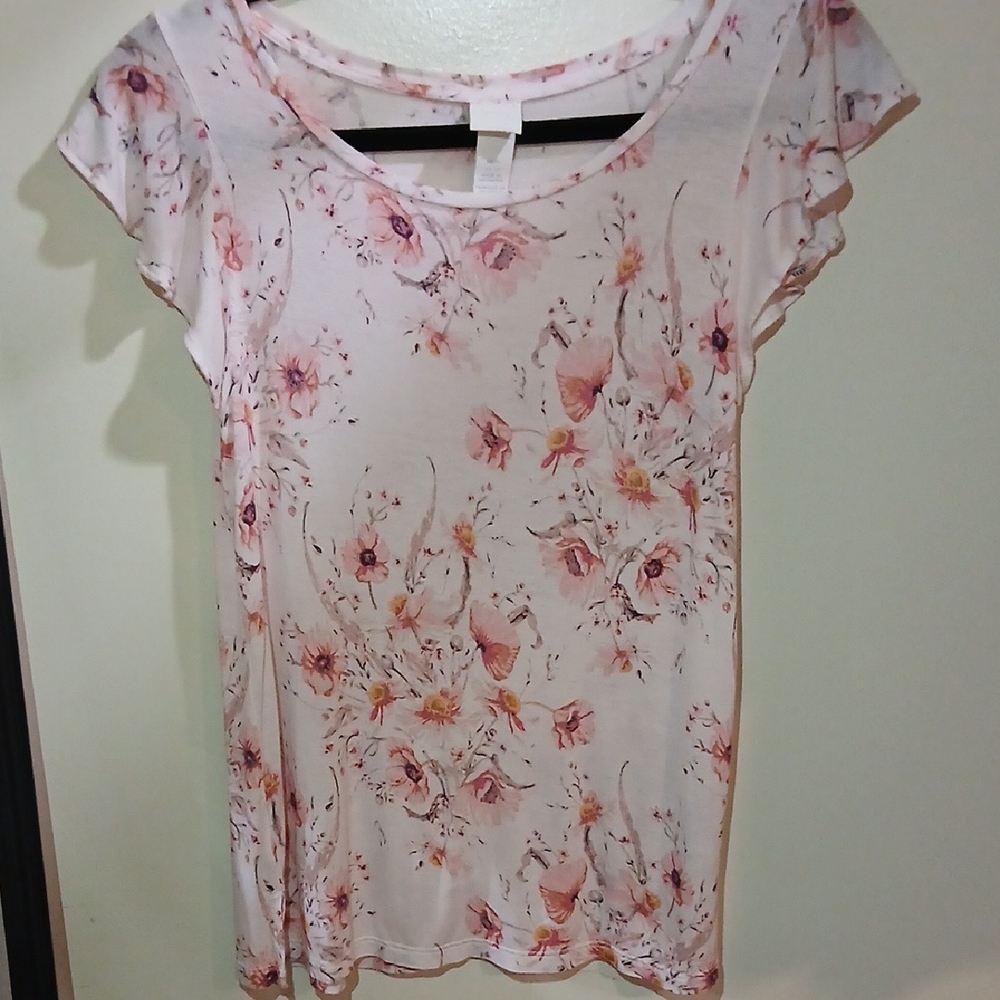 H&M Floral Print Short Sleeve Top - Pink and White